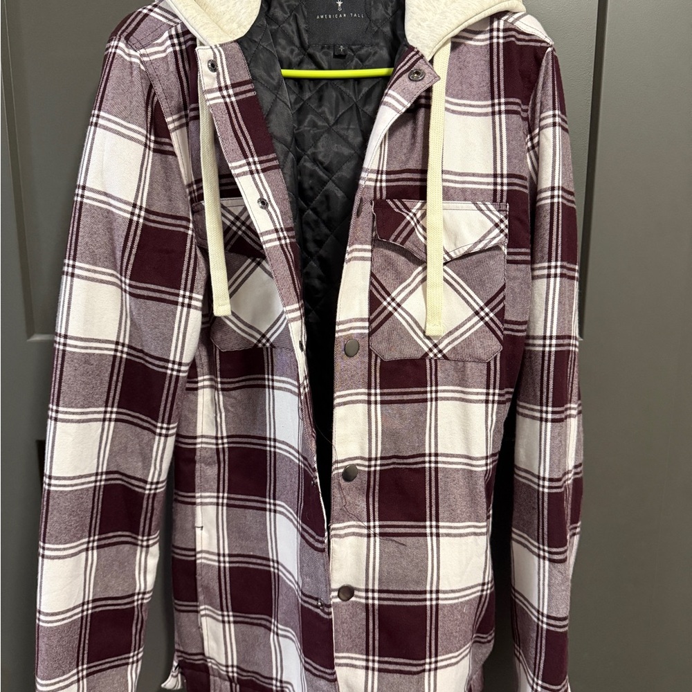 Men's Plaid Puffer Jacket - Maroon and Cream